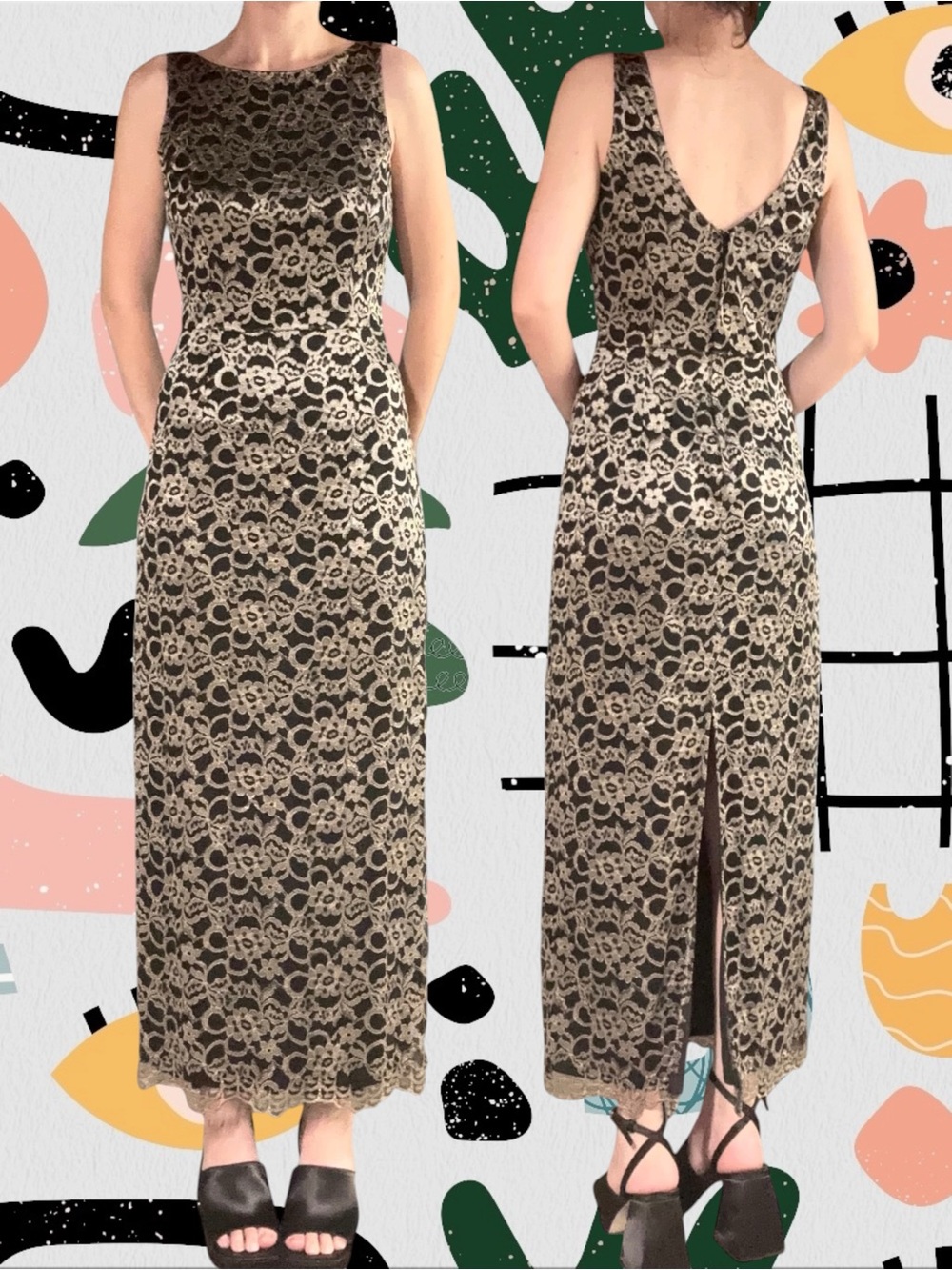 Byer Too! | Vintage Y2K Black and Gold Lace Sleeveless Maxi Dress